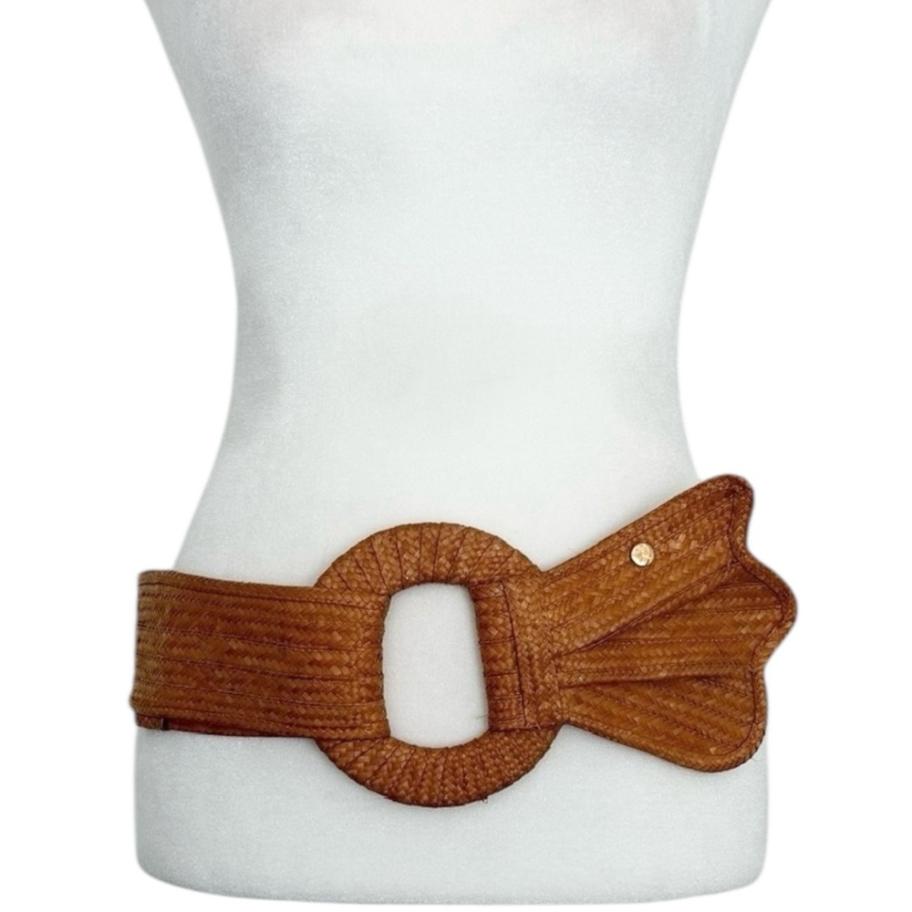 Vintage Woven Straw Oversized Buckle Statement Belt Boho Tropical Resort (S)
